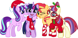 Size: 6766x3272 | Tagged: safe, artist:osipush, moondancer, starlight glimmer, sunset shimmer, twilight sparkle, twilight sparkle (alicorn), alicorn, pony, unicorn, clothes, counterparts, cute, dancerbetes, glimmerbetes, happy, hat, magical quartet, magical quintet, magical trio, one eye closed, santa hat, scarf, shimmerbetes, simple background, socks, sockset shimmer, striped socks, sweater, transparent background, twiabetes, twilight's counterparts, vector, wink, winter outfit