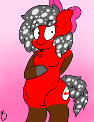 Size: 700x900 | Tagged: safe, artist:thecherrysodaaskblog, oc, oc only, oc:cherry soda, anthro, earth pony, semi-anthro, arm hooves, belly, bipedal, chubby, gradient background, hair bow, looking at you, smiling, style emulation, wide eyes, wide hips