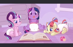 Size: 1280x840 | Tagged: safe, artist:cuddlehooves, moondancer, starlight glimmer, twilight sparkle, twilight sparkle (alicorn), alicorn, pony, unicorn, age regression, book, cuddlehooves is trying to murder us, cute, dancerbetes, diaper, female, glimmerbetes, mare, pacifier, poofy diaper, twiabetes, younger