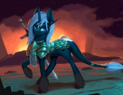 Size: 750x582 | Tagged: safe, artist:rodrigues404, oc, oc only, oc:sanft liebe, hybrid, original species, pony, unicorn, animated, battlefield, cinemagraph, commission, female, fire, gif, mare, raised hoof, solo, sword, weapon