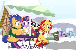 Size: 1200x800 | Tagged: safe, artist:dm29, flash sentry, moondancer, starlight glimmer, sunset shimmer, trixie, twilight sparkle, twilight sparkle (alicorn), alicorn, pony, coffee, counterparts, cute, female, flashlight, food, harem, magical quintet, male, mare, shipping, snowball fight, straight, twilight's counterparts, wing hands, wintertime