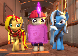 Size: 1024x737 | Tagged: safe, artist:turbovilka, moondancer, sunset shimmer, trixie, pony, unicorn, 3d, bag, clothes, hallway, magic, scarf, source filmmaker