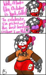 Size: 829x1345 | Tagged: safe, artist:thecherrysodaaskblog, oc, oc only, oc:cherry soda, ask, chubby, clothes, costume, freckles, halloween, hips, nightmare night, october, shirt, shrunken pupils, tumblr, tumblr:thecherrysodaaskblog