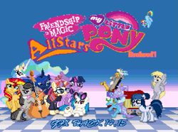 Size: 795x593 | Tagged: safe, derpy hooves, discord, dj pon-3, moondancer, octavia melody, princess celestia, princess luna, sunset shimmer, trixie, twilight sparkle, twilight sparkle (alicorn), vinyl scratch, alicorn, earth pony, pony, unicorn, female, mare, nintendo, rom hack, super mario all-stars, super mario bros., super pony all-stars