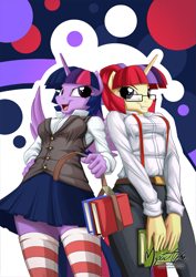 Size: 955x1351 | Tagged: safe, artist:mysticalpha, moondancer, twilight sparkle, twilight sparkle (alicorn), alicorn, anthro, unicorn, book, clothes, dress shirt, female, glasses, open mouth, school uniform, schoolgirl, skirt, socks, striped socks, suspenders, thigh highs, vest, zettai ryouiki