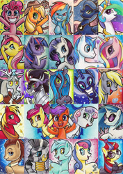 Size: 800x1129 | Tagged: safe, artist:christadoodles, apple bloom, applejack, big macintosh, bon bon, derpy hooves, discord, dj pon-3, doctor whooves, fluttershy, king sombra, lyra heartstrings, moondancer, nightmare moon, pinkie pie, princess cadance, princess celestia, princess luna, queen chrysalis, rainbow dash, rarity, scootaloo, shining armor, sweetie belle, sweetie drops, twilight sparkle, vinyl scratch, alicorn, changeling, changeling queen, earth pony, pegasus, pony, unicorn, cutie mark crusaders, looking at you, male, mane six, stallion, traditional art