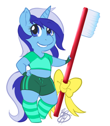 Size: 1280x1456 | Tagged: safe, artist:collaredginger, minuette, anthro, chubby, clothes, socks, solo, striped socks, toothbrush