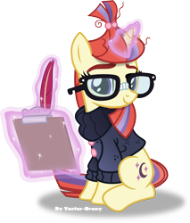 Size: 3394x3982 | Tagged: safe, artist:vector-brony, moondancer, clipboard, clothes, cute, dancerbetes, glasses, levitation, looking at you, magic, quill, simple background, sitting, smiling, solo, sweater, telekinesis, transparent background, vector