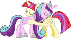 Size: 1600x883 | Tagged: safe, artist:wolfangelmoon, moondancer, princess cadance, starlight glimmer, twilight sparkle, twilight sparkle (alicorn), alicorn, pony, alicornified, clothes, duo, eyes closed, female, hoof shoes, hug, jewelry, mare, moondancercorn, race swap, regalia, shoes, simple background, starlicorn, transparent background