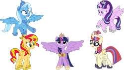 Size: 3771x2145 | Tagged: safe, artist:sketchmcreations, moondancer, starlight glimmer, sunset shimmer, trixie, twilight sparkle, twilight sparkle (alicorn), alicorn, pony, alicornified, alternate timeline, alternate universe, counterparts, crown, cute, dancerbetes, diatrixes, everyone is an alicorn, flying, glare, glimmerbetes, grin, magical quartet, magical quintet, magical trio, moondancercorn, new crown, open mouth, race swap, shimmerbetes, shimmercorn, simple background, smiling, smirk, spread wings, squee, starlicorn, this will end in timeline distortion, tiara, transparent background, trixiecorn, twiabetes, twilight's counterparts, vector