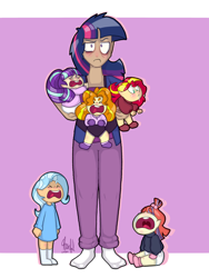 Size: 3000x3990 | Tagged: safe, artist:cheerfulcolors, adagio dazzle, moondancer, starlight glimmer, sunset shimmer, trixie, twilight sparkle, human, age regression, baby, baby trixie, babylight glimmer, babyset shimmer, clothes, counterparts, crying, dark skin, diaper, drool, eyes closed, humanized, magical quintet, mama twilight, socks, twilight's counterparts, younger