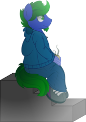 Size: 4909x6988 | Tagged: safe, artist:gray-gold, oc, oc only, oc:stormcloud, anthro, absurd resolution, anthro oc, chubby, clothes, colorado, cup, cute, goatee, hoodie, pants, shoes, sitting, solo, winter