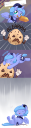 Size: 800x3208 | Tagged: safe, artist:ende26, princess luna, alicorn, pony, biting, chomp, chubby, cookie, cute, eyes closed, filly, lunabetes, monster, mouth hold, sweat, sword, tumblr, weapon, wooden sword, woona, woona knight