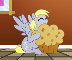 Size: 1280x1067 | Tagged: safe, artist:bigponiesinc, derpy hooves, pegasus, pony, cargo ship, chubby, cute, derpabetes, eyes closed, female, giant muffin, hug, mare, muffin, shipping, simple background, sitting, smiling, solo, spread wings, that pony sure does love muffins