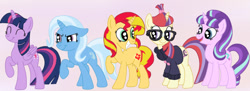 Size: 803x291 | Tagged: safe, artist:squipycheetah, moondancer, starlight glimmer, sunset shimmer, trixie, twilight sparkle, twilight sparkle (alicorn), alicorn, pony, clothes, counterparts, eyes closed, female, folded wings, glasses, jacket, magical quintet, mare, missing accessory, open mouth, raised hoof, smiling, sweater, twilight's counterparts