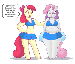 Size: 2000x1700 | Tagged: safe, artist:lordstormcaller, apple bloom, sweetie belle, anthro, unguligrade anthro, belly, belly button, breasts, cheerleader, chubby, cleavage, female, midriff, muffin top, need to go on a diet, need to lose weight, older, plump, pom pom, sweetie boobs