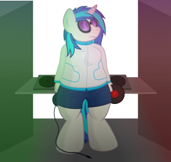 Size: 6333x5994 | Tagged: safe, artist:gray-gold, dj pon-3, vinyl scratch, anthro, absurd resolution, chubby, clothes, jacket, record, solo, turntable