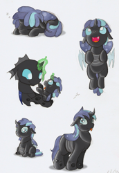 Size: 699x1018 | Tagged: safe, artist:ravenpuff, oc, oc only, changeling, changeling queen, nymph, :p, blue changeling, changeling queen oc, chubby, chunkling, cute, flying, looking at you, open mouth, prone, sleeping, smiling, tongue out, zzz