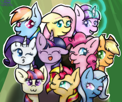 Size: 1696x1425 | Tagged: safe, artist:mioumi-kiwaii, applejack, fluttershy, moondancer, pinkie pie, rainbow dash, rarity, starlight glimmer, sunset shimmer, trixie, twilight sparkle, twilight sparkle (alicorn), alicorn, earth pony, pegasus, pony, unicorn, :3, :d, :p, :t, counterparts, duckface, eyes closed, female, floppy ears, glasses, grin, happy, looking at you, magical quintet, magical sextet, mane six, mare, open mouth, smiling, tongue out, twilight's counterparts, wink