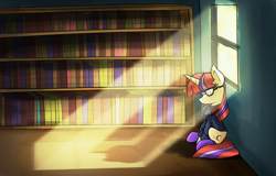 Size: 3668x2353 | Tagged: safe, artist:flamevulture17, moondancer, book, bookshelf, clothes, glasses, light, shadow, sitting, solo, sweater, window