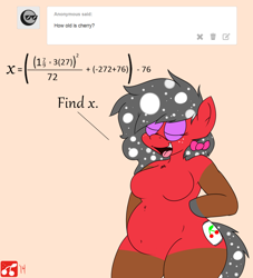 Size: 2000x2200 | Tagged: safe, artist:thecherrysodaaskblog, oc, oc only, oc:anon, oc:cherry soda, anthro, algebra, ask, belly, belly button, bipedal, chubby, female, hair bow, math, round, solo, thighs, tumblr, tumblr:thecherrysodaaskblog, wide hips