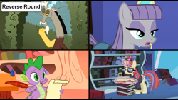 Size: 1282x720 | Tagged: safe, discord, maud pie, moondancer, spike, draconequus, dragon, earth pony, pony, unicorn, comic:celestia's servant interview, caption, cs captions, female, interview, mare