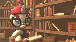 Size: 1920x1080 | Tagged: safe, artist:kotmiller, moondancer, 3d, book, bookshelf, glasses, solo, source filmmaker