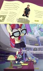 Size: 500x822 | Tagged: safe, edit, edited screencap, screencap, moondancer, human, amending fences, discovery family logo, haycartes' method, irl, irl human, just do it, library, photo, shia labeouf