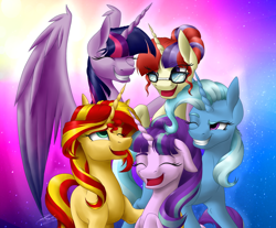 Size: 2300x1900 | Tagged: dead source, safe, artist:cloud-dash, moondancer, starlight glimmer, sunset shimmer, trixie, twilight sparkle, twilight sparkle (alicorn), alicorn, pony, unicorn, counterparts, eyes closed, floppy ears, grin, magical quintet, open mouth, smiling, spread wings, twilight's counterparts, wink