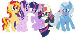Size: 3792x1936 | Tagged: safe, artist:squipycheetah, moondancer, starlight glimmer, sunset shimmer, trixie, twilight sparkle, twilight sparkle (alicorn), alicorn, pony, unicorn, amending fences, equestria girls, counterparts, folded wings, happy, looking up, magical quintet, missing accessory, one eye closed, open mouth, raised hoof, simple background, smiling, standing, tongue out, transparent background, twilight's counterparts, vector, watermark