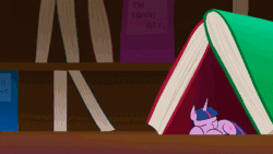 Size: 600x338 | Tagged: safe, artist:doublewbrothers, pinkie pie, twilight sparkle, unicorn twilight, earth pony, human, pony, unicorn, my tiny pony, :o, animated, book, book fort, bookshelf, cute, diapinkes, eye contact, eyes closed, falling, female, frame by frame, frown, gif, hand, happy, hnnng, hoofy-kicks, hug, jumping, looking at each other, mare, micro, open mouth, prone, rko, smiling, spinning, tiny ponies, twiabetes