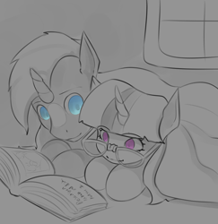 Size: 1000x1028 | Tagged: safe, artist:jakashi, moondancer, sunburst, /mlp/, blanket, book, cute, female, lineart, male, prone, reading, shipping, smiling, snuggling, straight, sundancer, wip