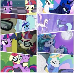 Size: 1009x991 | Tagged: safe, artist:kerydarling, edit, edited screencap, screencap, minuette, moondancer, princess celestia, princess luna, twilight sparkle, twilight sparkle (alicorn), alicorn, pony, amending fences, friendship is magic, twilight's kingdom, comparison, elements of harmony, female, implied betrayal, mare, mare in the moon, moon, royal sisters, the truth hurts