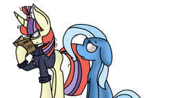 Size: 1280x732 | Tagged: dead source, safe, artist:rainbowsmarts, moondancer, trixie, pony, unicorn, book, female, mare, missing horn, sad