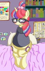 Size: 1351x2100 | Tagged: safe, artist:seenty, moondancer, belly, blushing, both cutie marks, clothes, jumper, pregnant, solo, sweater