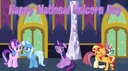 Size: 1024x570 | Tagged: safe, moondancer, starlight glimmer, sunset shimmer, trixie, twilight sparkle, twilight sparkle (alicorn), alicorn, pony, unicorn, counterparts, floppy ears, hug, left out, missing rarity, moonset, national unicorn day, op is a cuck, op is trying to start shit, sad, twilight's castle, twilight's counterparts, unicorn master race, vector