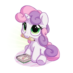 Size: 1200x1200 | Tagged: safe, artist:bobdude0, sweetie belle, pony, unicorn, cute, diasweetes, drawing, female, filly, hnnng, looking up, mouth hold, nom, notebook, pencil, simple background, sitting, smiling, solo, underhoof, weapons-grade cute, white background