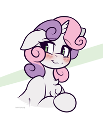 Size: 2500x3000 | Tagged: safe, artist:whitepone, part of a set, sweetie belle, pony, unicorn, :3, blushing, bust, chest fluff, cute, diasweetes, floppy ears, fluffy, lidded eyes, looking back, portrait, smiling, solo