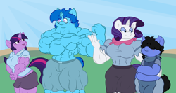 Size: 1200x640 | Tagged: safe, artist:glux2, rarity, twilight sparkle, oc, anthro, chubby, muscles, ripped rarity, twilight muscle