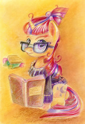 Size: 800x1167 | Tagged: safe, artist:maytee, moondancer, book, glasses, looking at you, solo, traditional art