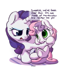 Size: 1100x1200 | Tagged: safe, artist:bobdude0, rarity, sweetie belle, pony, unicorn, belle sisters, biting, cute, dialogue, diasweetes, eye contact, eyeshadow, female, filly, food, hoof biting, looking at each other, makeup, mare, marshmallow, munching, nom, raribetes, rarity is a marshmallow, siblings, simple background, sisters, sweetie belle is a marshmallow too, underhoof, white background