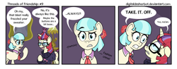 Size: 1200x472 | Tagged: safe, artist:digitaldasherbot, coco pommel, moondancer, comic:threads of friendship, comic, eye twitch, gritted teeth, we don't normally wear clothes, wide eyes