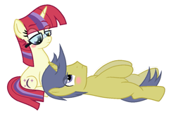 Size: 971x633 | Tagged: safe, artist:sapphireartemis, comet tail, moondancer, pony, blushing, cometdancer, female, male, on back, shipping, simple background, straight, transparent background