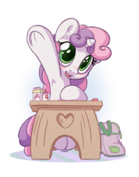 Size: 1100x1400 | Tagged: safe, artist:bobdude0, sweetie belle, pony, unicorn, armpits, backpack, blushing, crayon, cute, desk, diasweetes, eraser, female, filly, frog (hoof), open mouth, open smile, raised hoof, simple background, sitting, smiling, solo, underhoof, white background