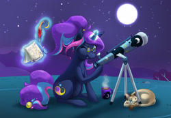 Size: 2500x1731 | Tagged: safe, artist:skjolty, oc, oc only, oc:comet blitz, bat pony, cat, pony, unicorn, bat pony unicorn, chubby, coffee, curved horn, glasses, magic, moon, night, quill, solo, telekinesis, telescope, wingless bat pony