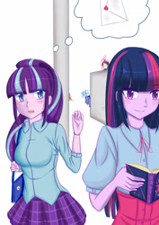 Size: 2480x3507 | Tagged: safe, artist:窄门3o3, moondancer, starlight glimmer, sunset shimmer, trixie, twilight sparkle, equestria girls, blushing, book, clothes, counterparts, female, jealous, lesbian, magical quintet, notice me senpai, pixiv, reading, shipping, skirt, spying, stalker, stalking, sunsetsparkle, thought bubble, twidancer, twilight sparkle gets all the mares, twilight's counterparts, twistarlight, twixie, twixstarsetdancer, yandancer, yandere