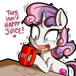 Size: 512x512 | Tagged: safe, artist:anibaruthecat, sweetie belle, pony, unicorn, caffeine, coffee, cup, cutie mark, female, filly, hyperactive, nescafé, open mouth, shivering, simple background, solo, speech, speech bubble, the cmc's cutie marks, this will not end well, transparent background, wide eyes
