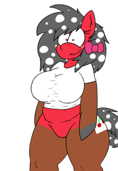 Size: 900x1300 | Tagged: safe, artist:thecherrysodaaskblog, oc, oc only, oc:cherry soda, anthro, belly button, chubby, clothes, female, hair bow, looking at you, shirt, solo, tumblr:thecherrysodaaskblog, wide hips