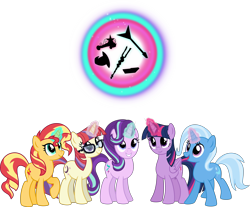 Size: 5462x4523 | Tagged: safe, artist:osipush, moondancer, starlight glimmer, sunset shimmer, trixie, twilight sparkle, twilight sparkle (alicorn), alicorn, pony, unicorn, absurd resolution, counterparts, electric guitar, element of magic, group, guitar, inkscape, looking up, magic, magical quintet, open mouth, s5 starlight, simple background, staff, staff of sameness, telekinesis, transparent background, trixie's hat, twilight's counterparts, vector