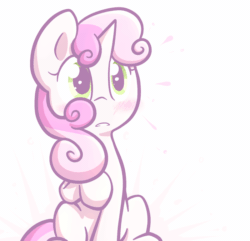 Size: 800x771 | Tagged: safe, artist:spikedmauler, sweetie belle, pony, unicorn, animated, blushing, cute, dialogue, diasweetes, embarrassed, female, filly, go ask sweetie belle, i'm not cute, simple background, solo
